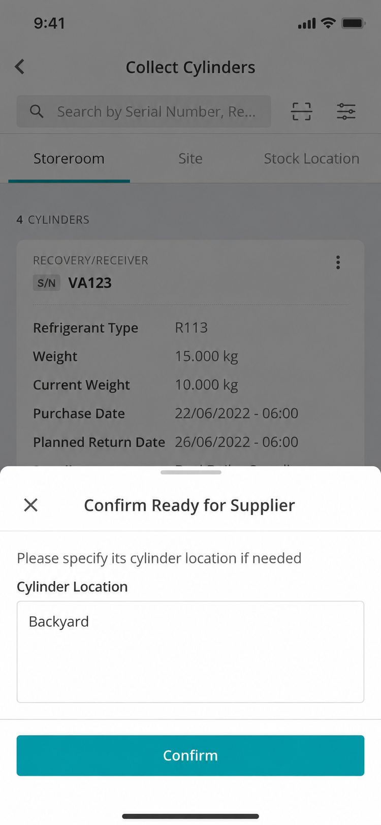 Mobile Confirm Ready for Supplier screen with the Cylinder Location field.