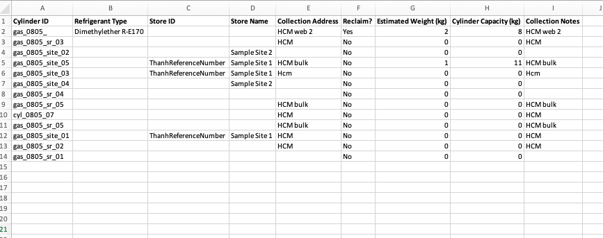 Generated supplier collection spreadsheet showing the cylinder collection columns and data.