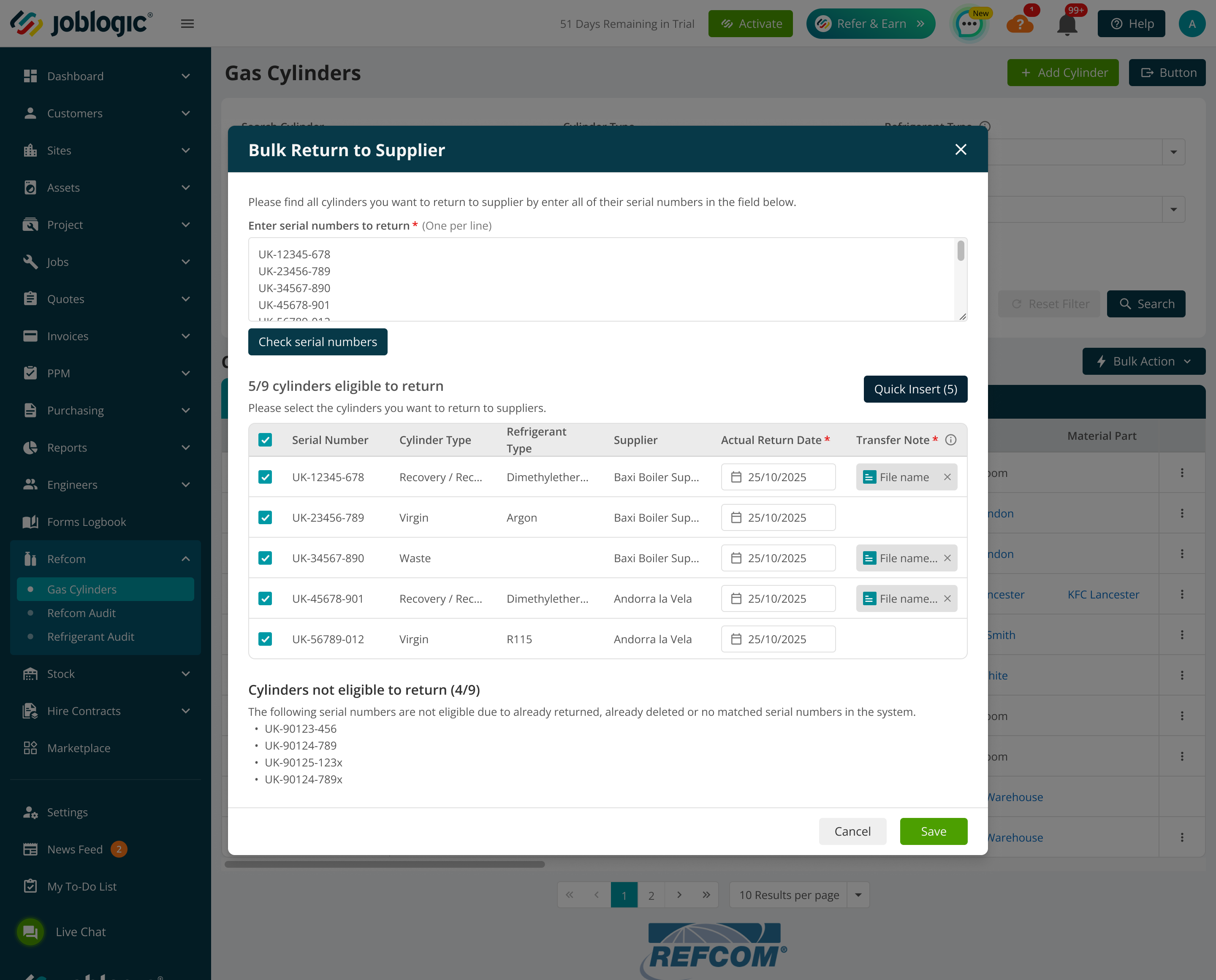 Bulk Return to Supplier window with Actual Return Dates and required Transfer Notes added.