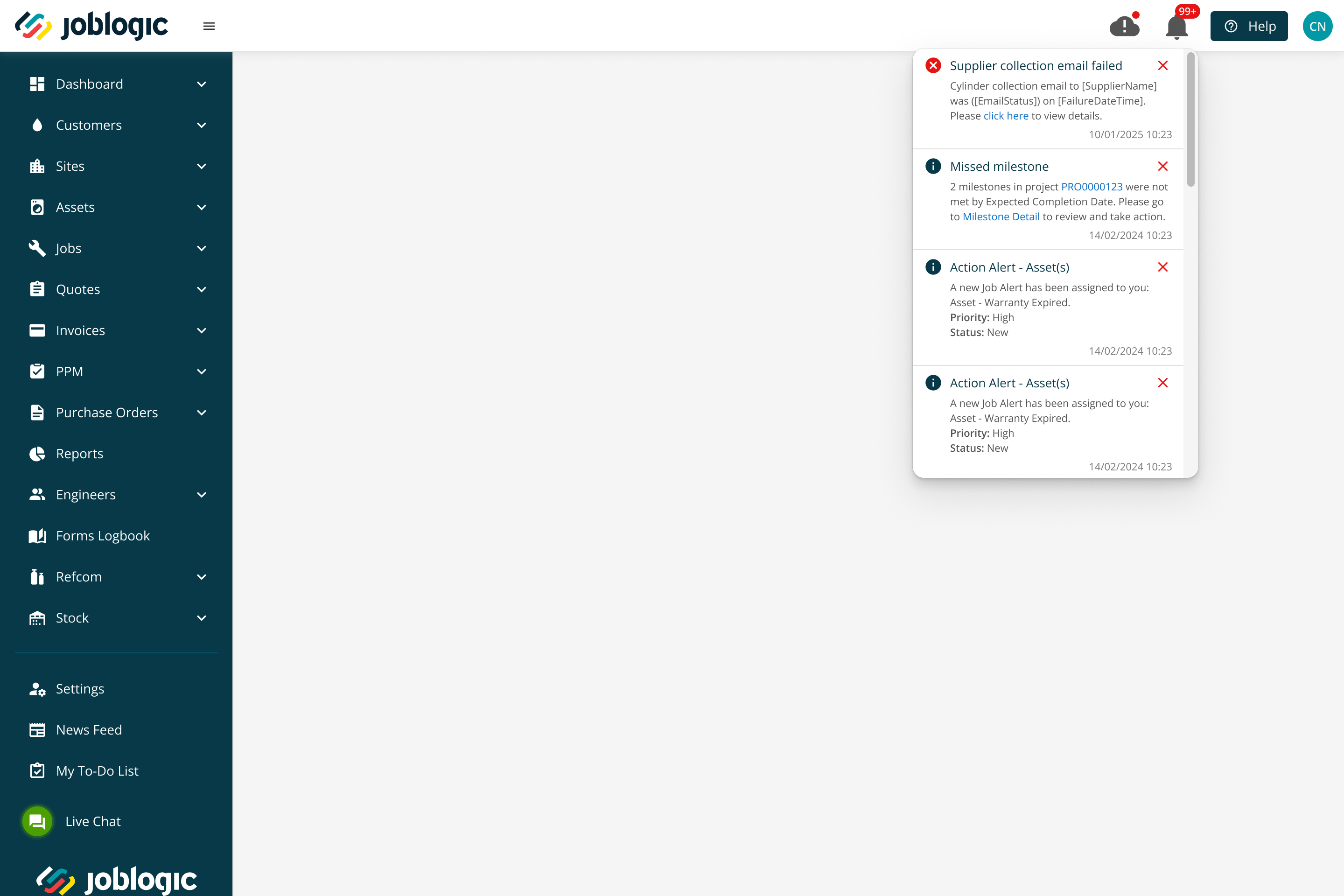 Back Office notification panel showing a failed supplier collection email alert.