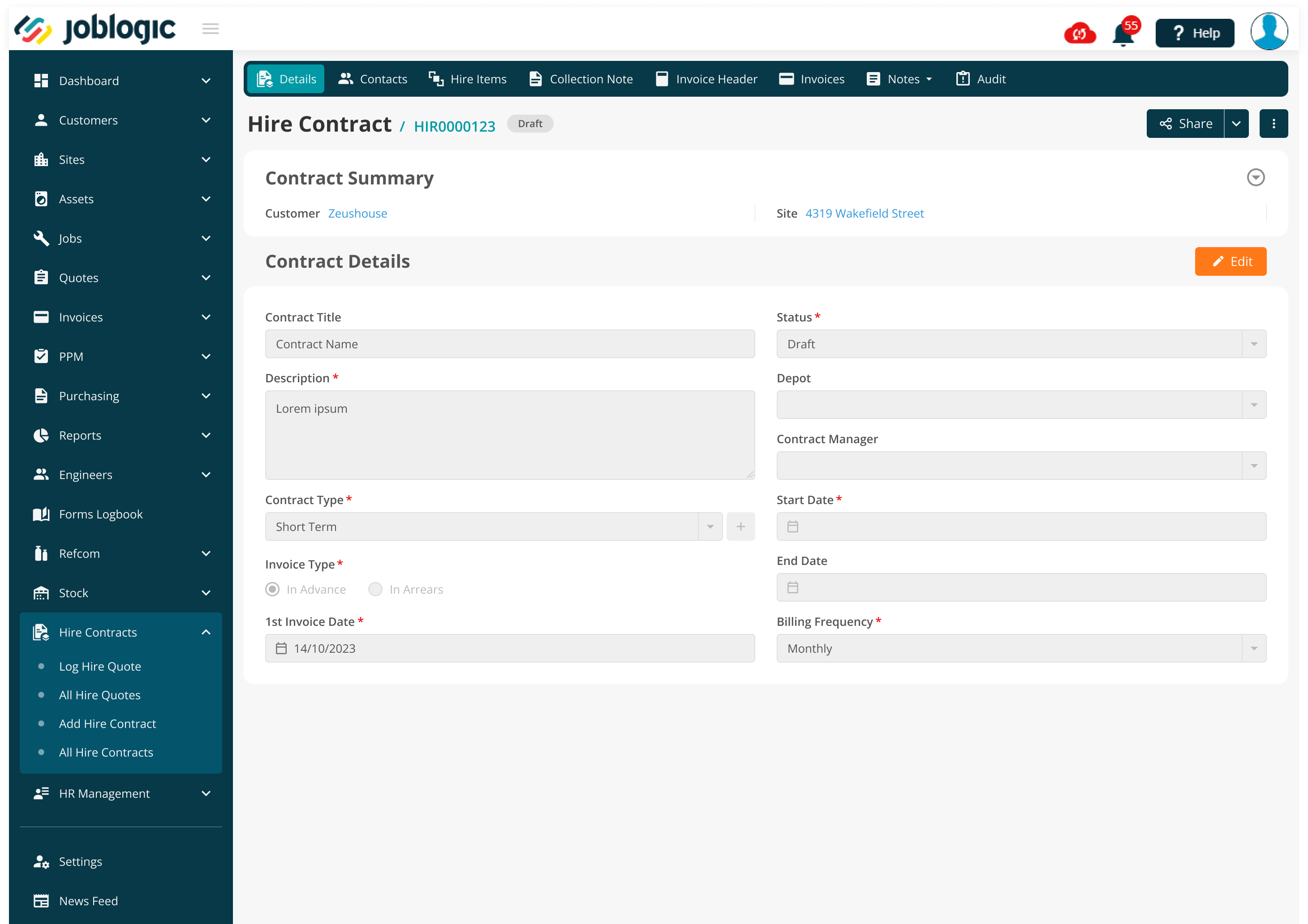 Hire Contract Detail Tab Detail