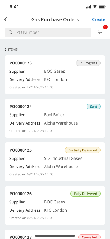 Gas Purchase Orders list in Joblogic Mobile