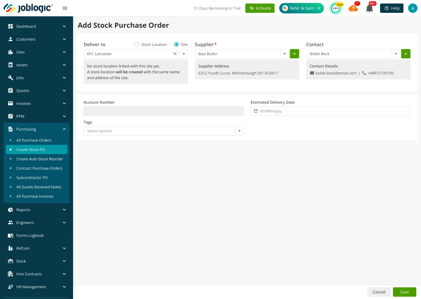 Back Office Stock PO showing that a Stock Location will be created for the selected site
