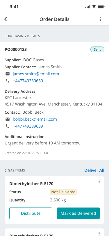 Mobile gas purchase order details with gas item delivery actions
