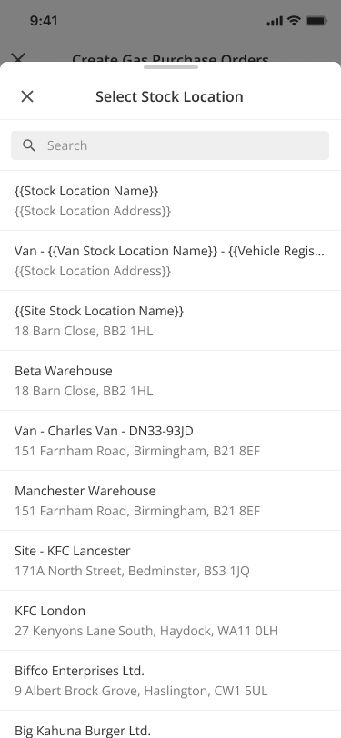 Select Stock Location list for a Mobile gas purchase order