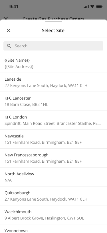 Select Site list for a Mobile gas purchase order
