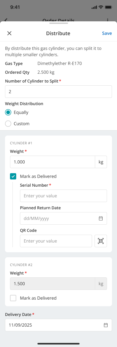 Distributed cylinder delivery with serial number fields