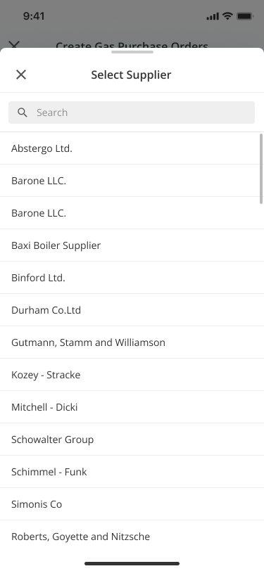 Select Supplier list in the Mobile gas purchase order