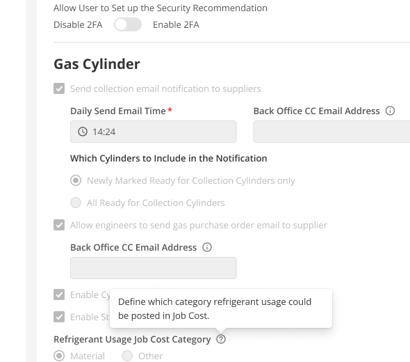Gas Cylinder configuration in Joblogic System Settings