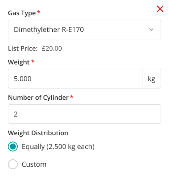 Gas item fields including weight and weight distribution