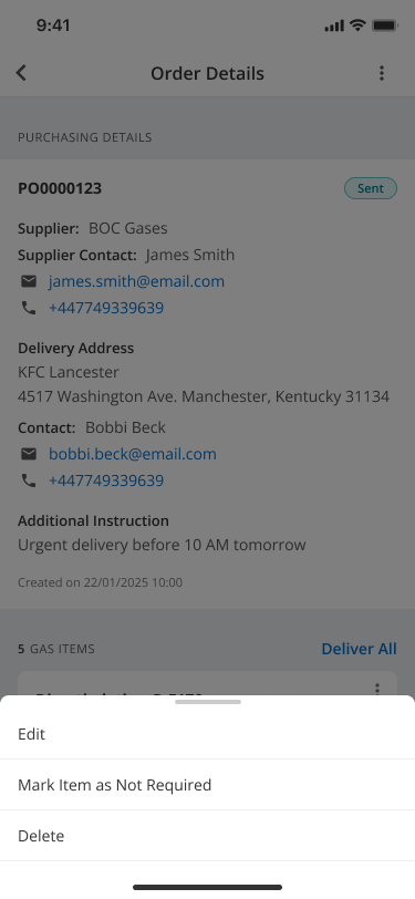 Gas item menu in Mobile