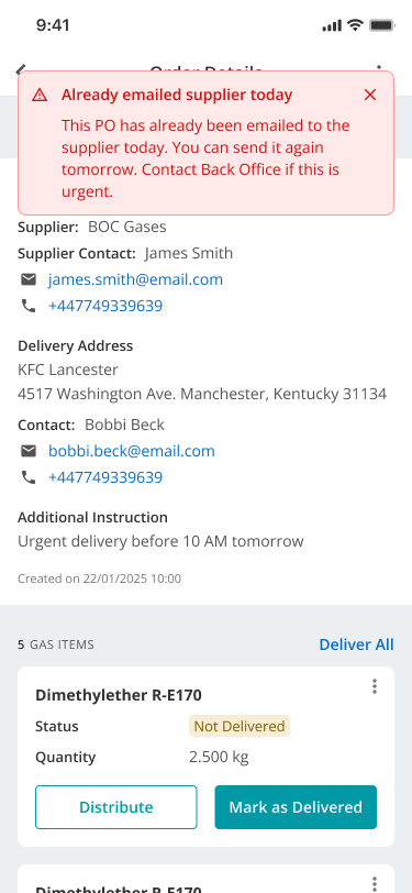 Already emailed supplier today warning in Mobile