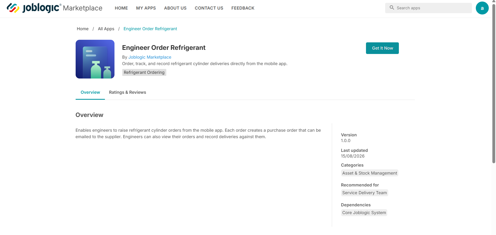 Engineer Order Refrigerant app page in Joblogic Marketplace showing Get It Now