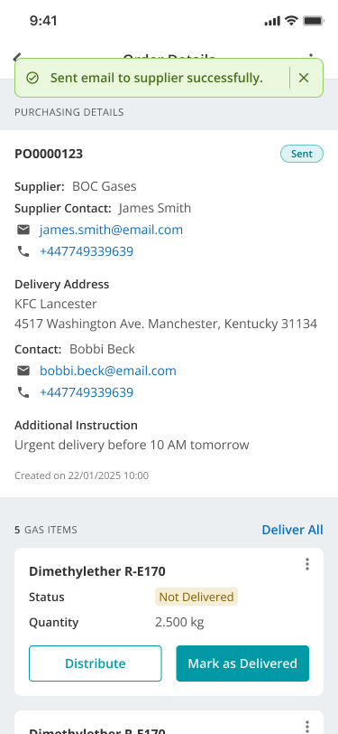 Supplier email sent successfully message in Mobile
