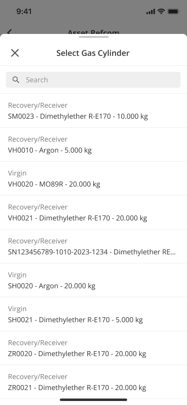 Select Gas Cylinder list in Joblogic Mobile