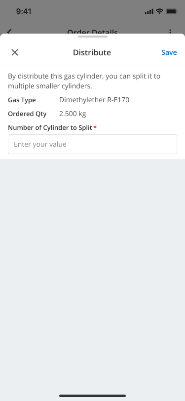 Distribute screen requesting the number of cylinders