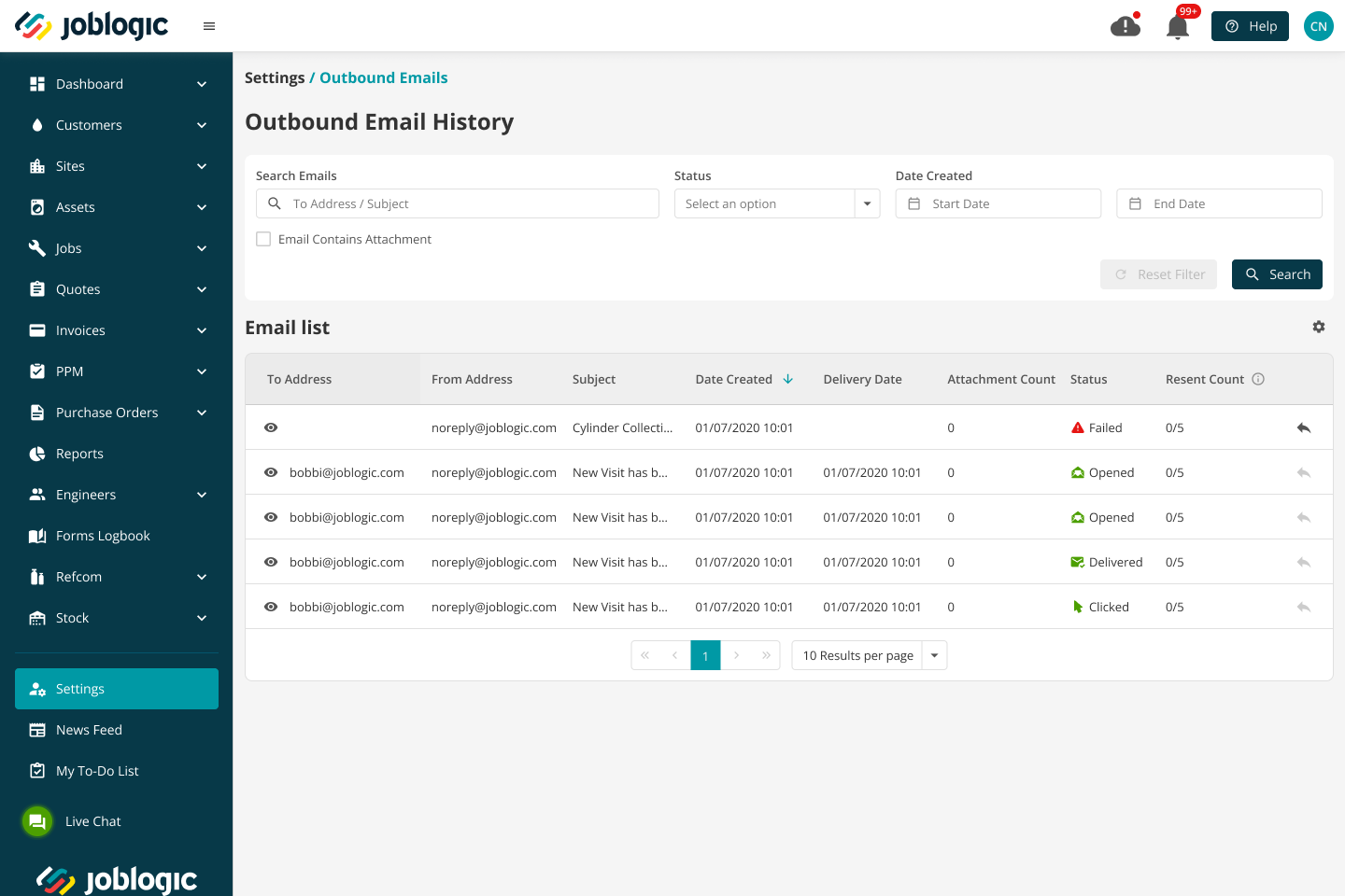 Back Office Outbound Email History