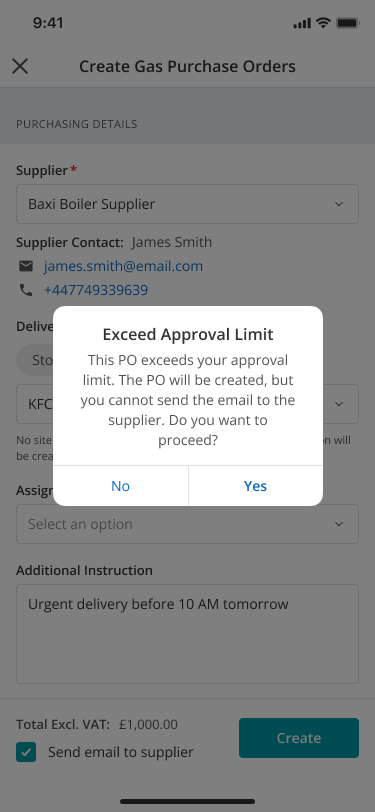 Mobile warning that the gas purchase order exceeds the engineer approval limit