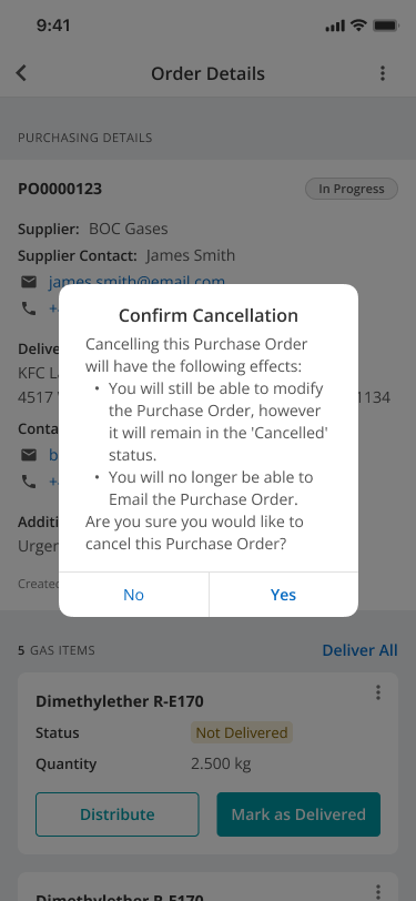 Confirm Cancellation message for a Mobile gas purchase order
