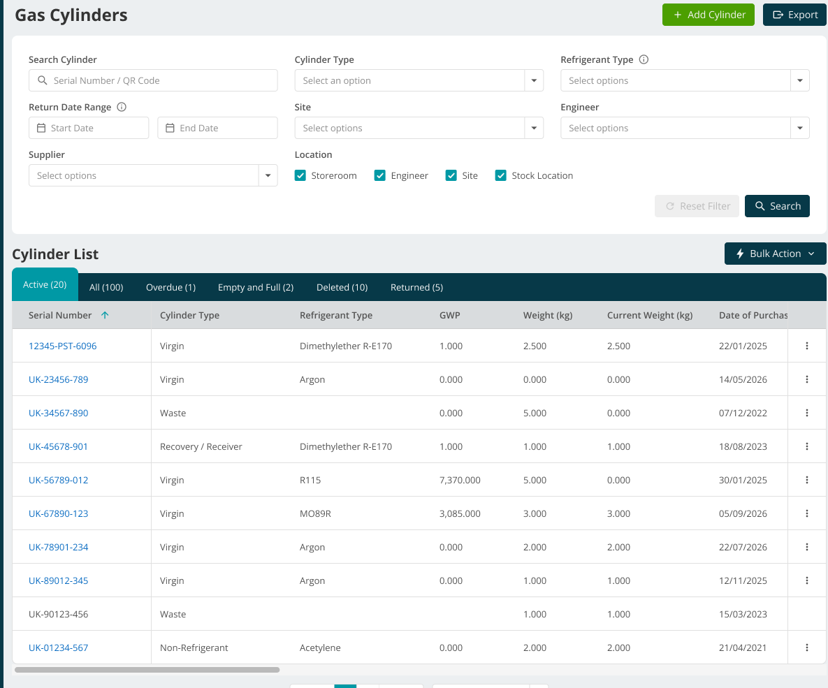 Back Office Gas Cylinders list showing created refrigerant cylinder records