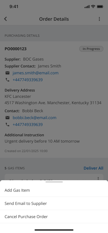 Gas purchase order action menu in Mobile