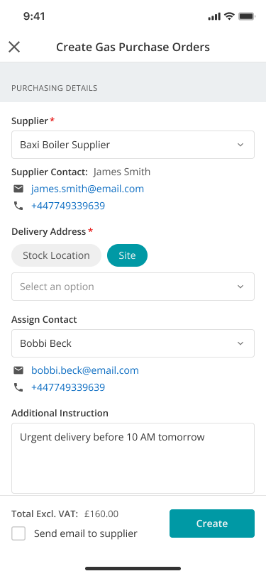 Create Gas Purchase Orders screen with supplier, delivery address, contact and instructions