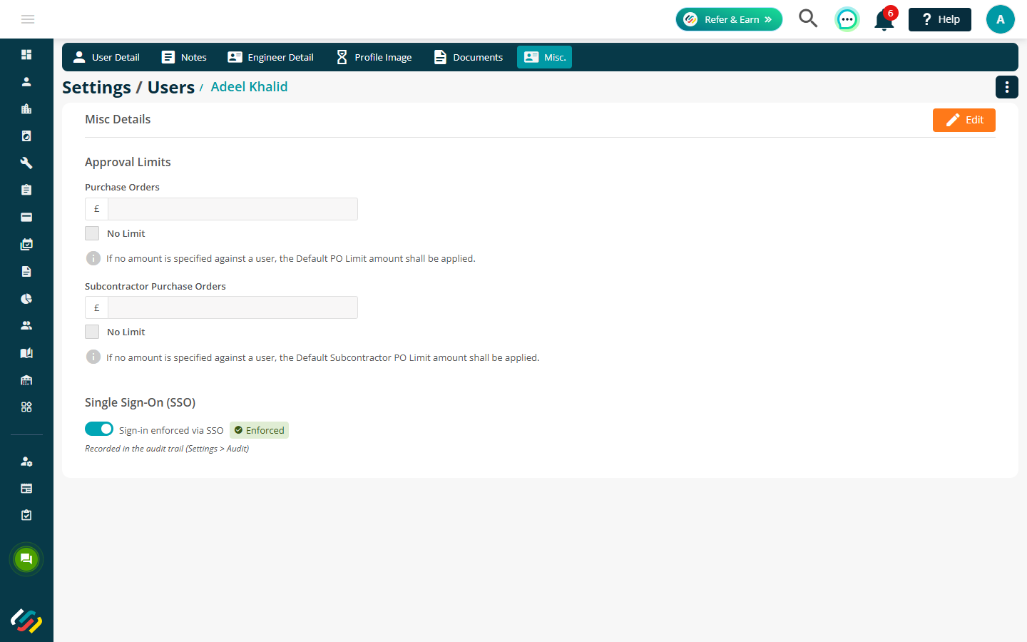 User Misc tab showing the Sign-in enforced via SSO setting and Enforced status.