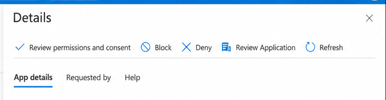 Microsoft Entra request Details action bar showing Review permissions and consent.