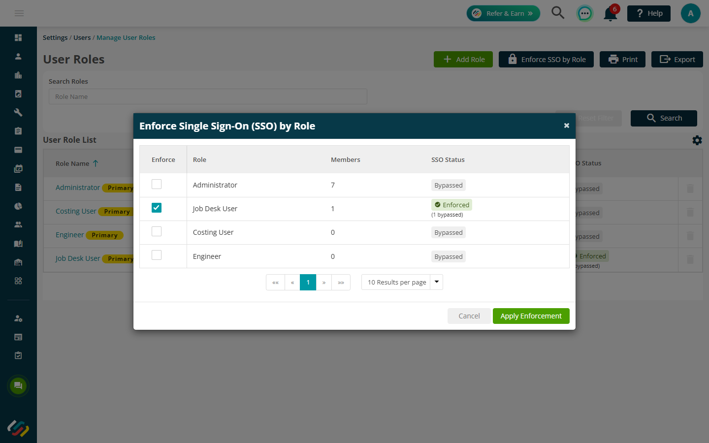 Enforce Single Sign-On by Role window showing roles, member counts and enforcement status.