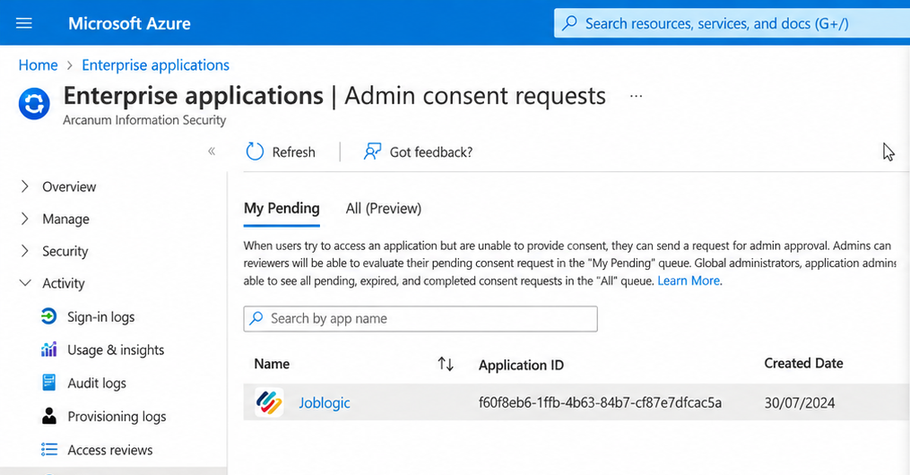 Microsoft Entra Admin consent requests list showing the pending Joblogic request.