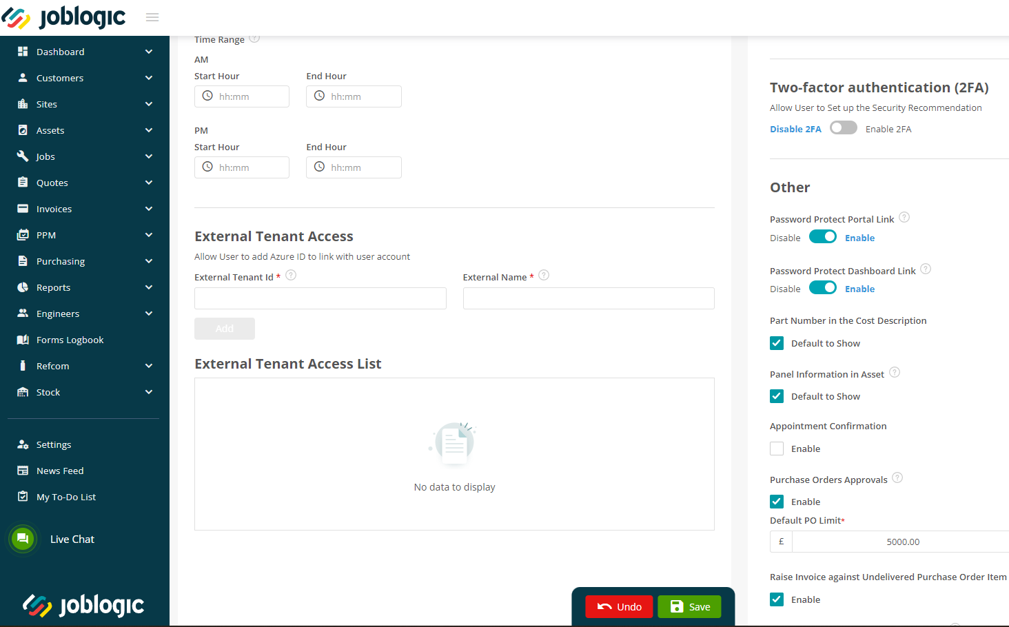 Joblogic System Setup showing the empty External Tenant Access fields.