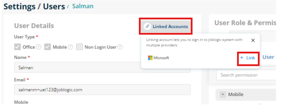 Joblogic user record with Linked Accounts open and the Microsoft Link action displayed.