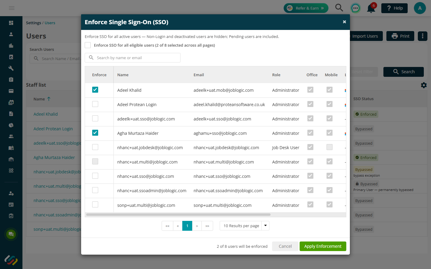Enforce Single Sign-On window for selecting active users and applying enforcement.