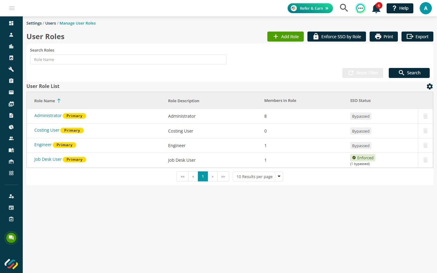 User Roles list showing the Enforce SSO button and SSO Status column.
