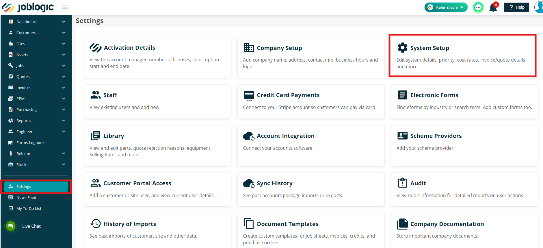 Joblogic Settings page with System Setup highlighted.