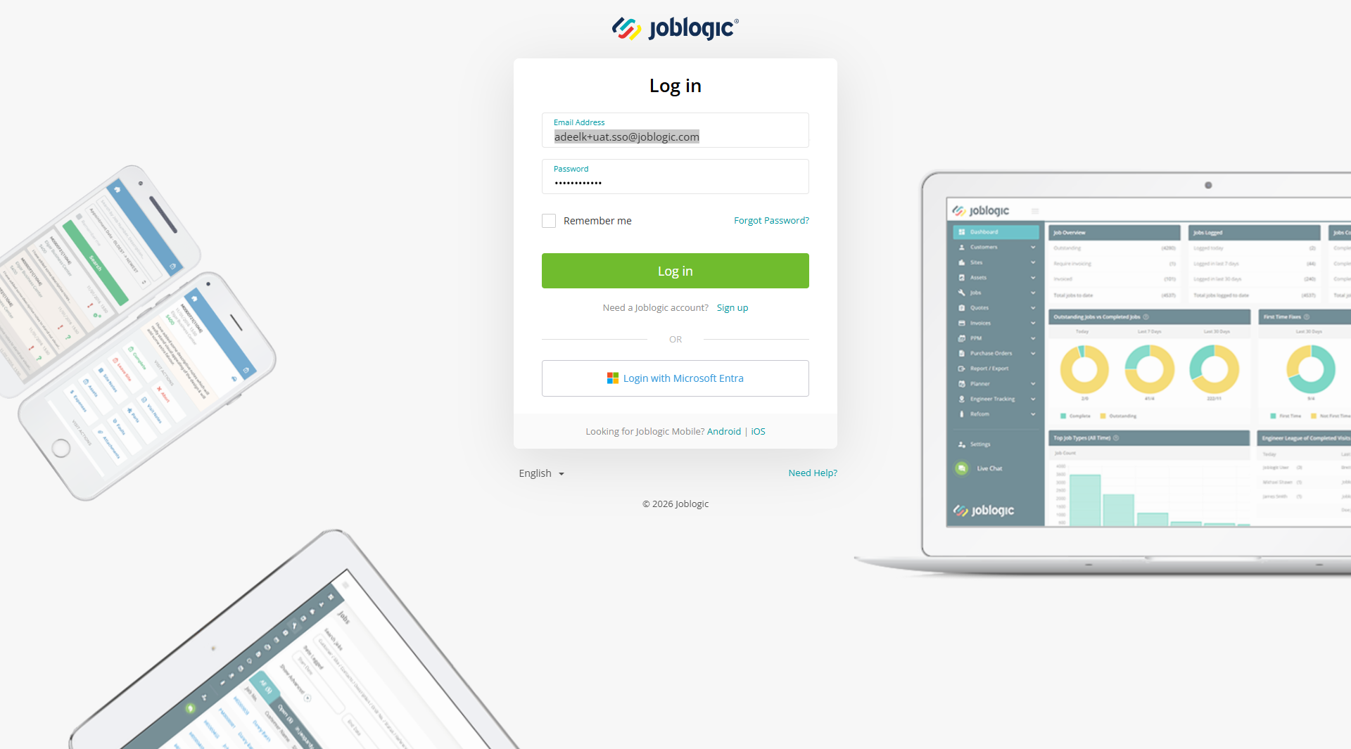 Joblogic Web Log In page with email, password and Microsoft Entra sign-in options.