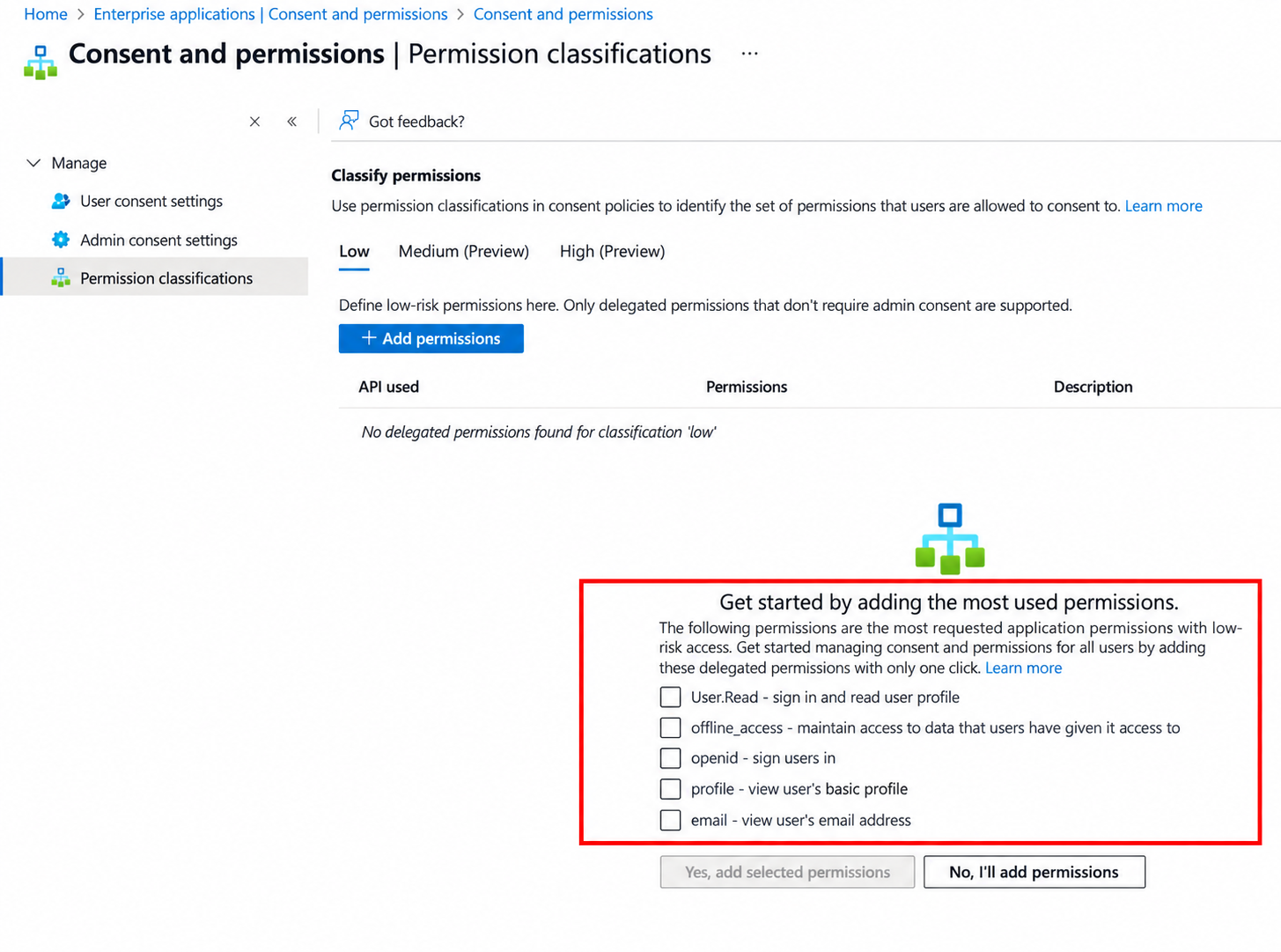 Microsoft Entra Permission classifications screen showing the low-impact delegated permissions.