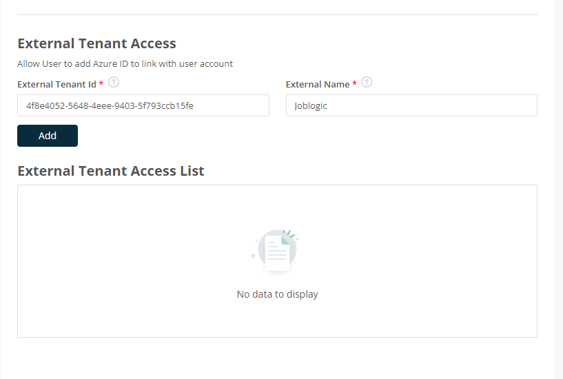 Joblogic External Tenant Access fields completed with the Microsoft tenant ID and name.