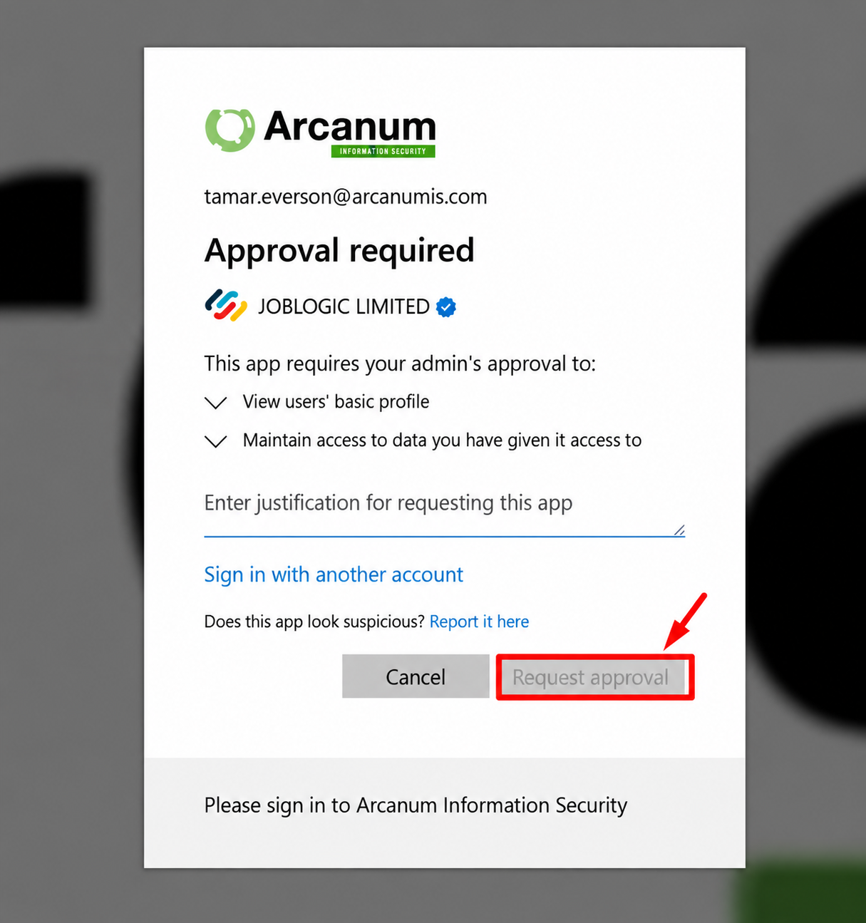 Microsoft approval required screen for the Joblogic application, with Request approval highlighted.
