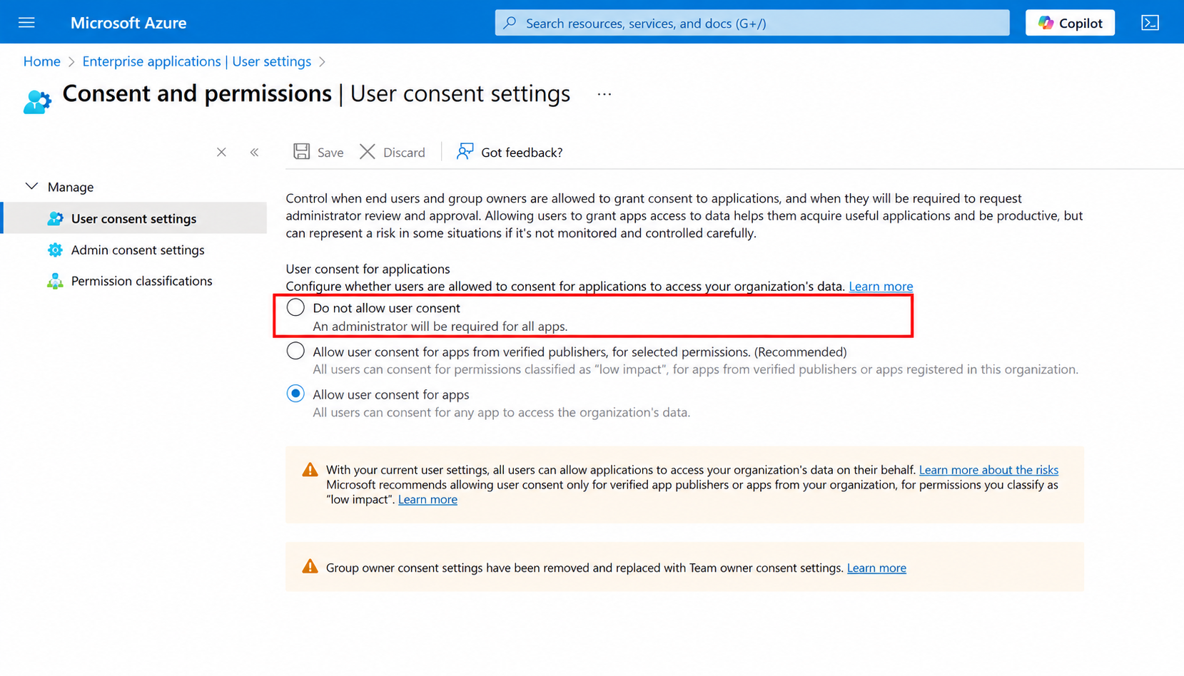 Microsoft Entra User consent settings showing the Do not allow user consent option.