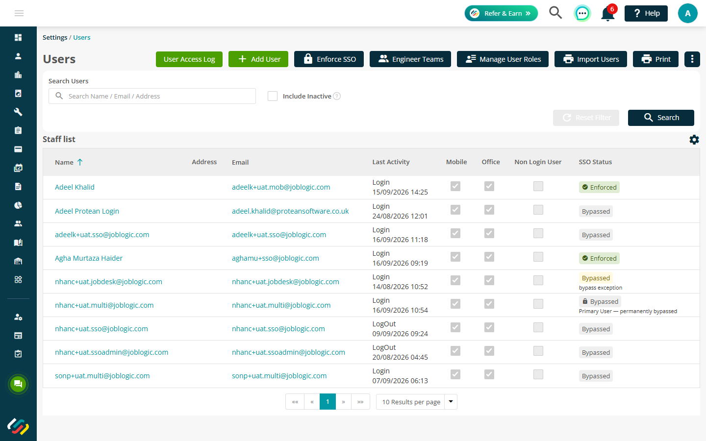 Users list with the Enforce SSO button and SSO Status values.