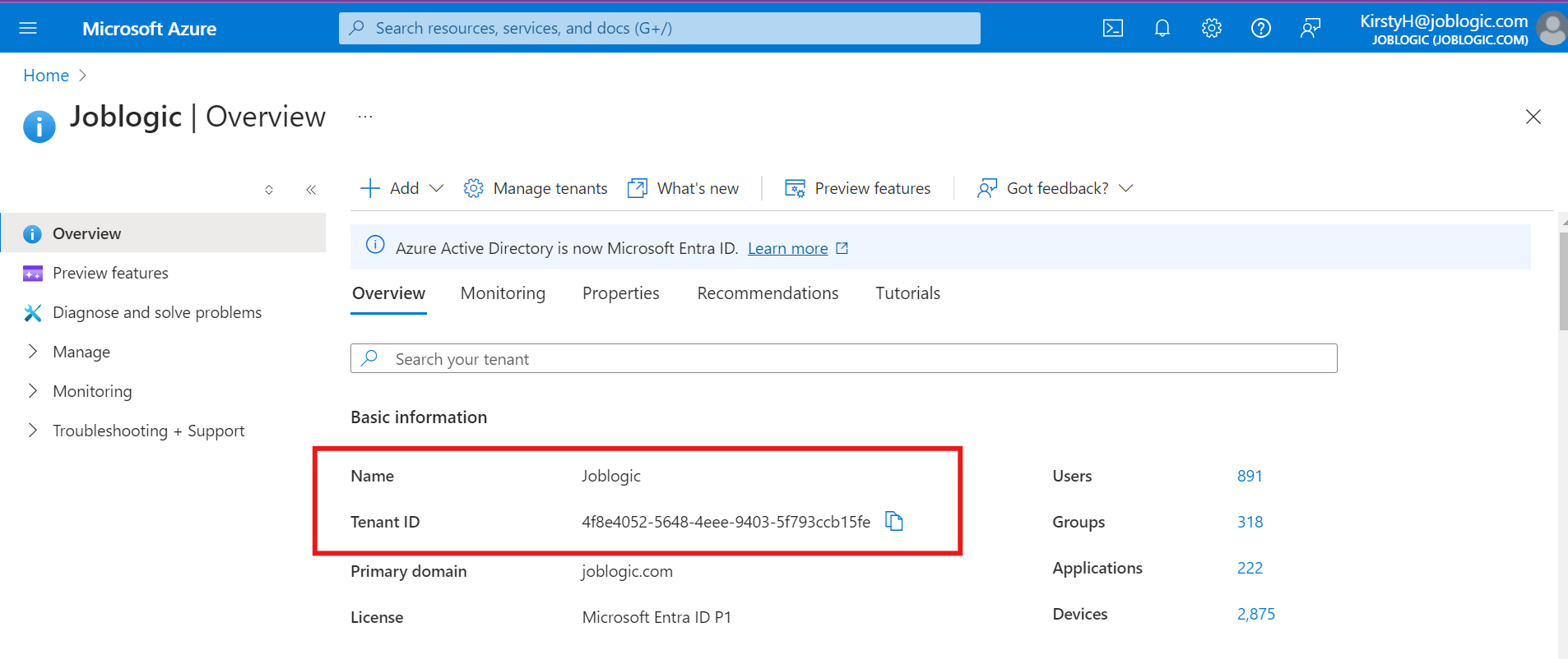 Microsoft Entra ID Overview showing the tenant Name and Tenant ID.