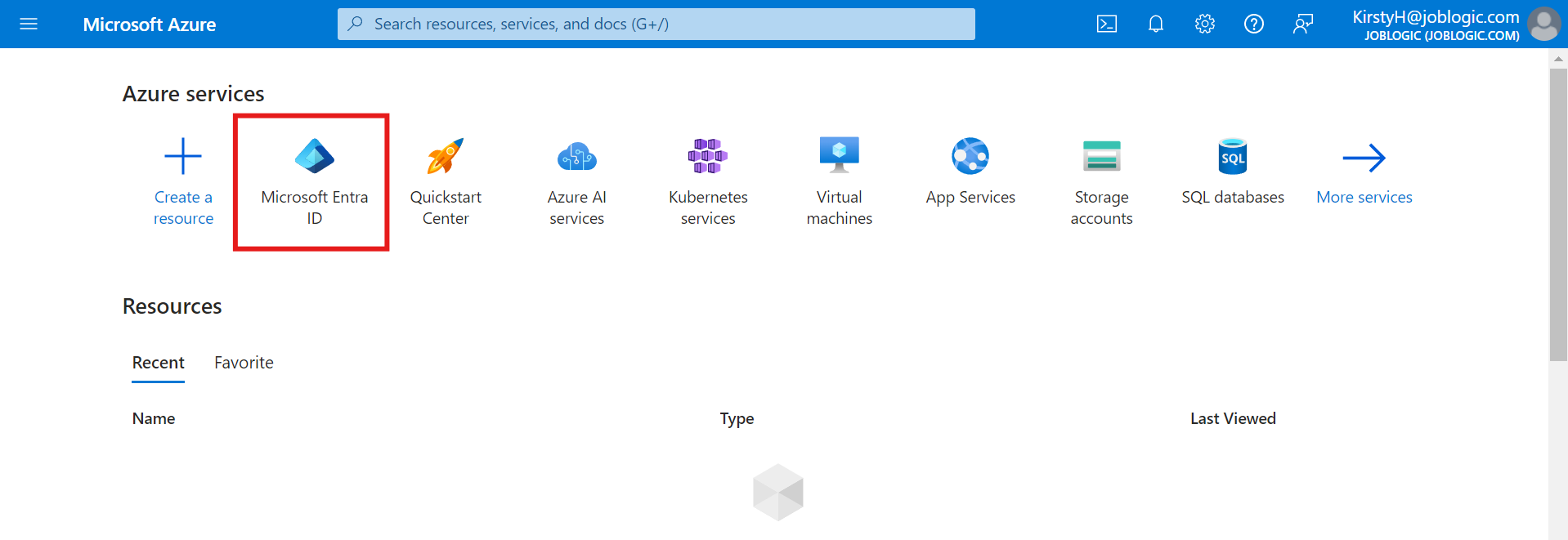 Microsoft Azure services page with Microsoft Entra ID highlighted.