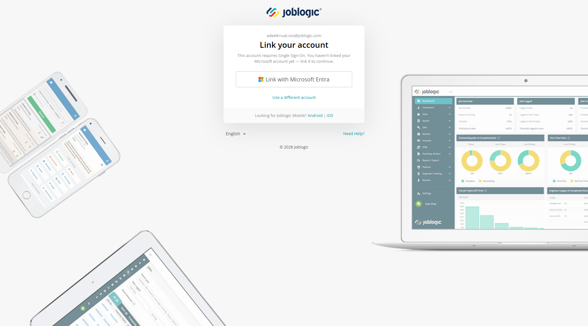 Joblogic Web Link your account page for an enforced user whose Microsoft account is not linked.