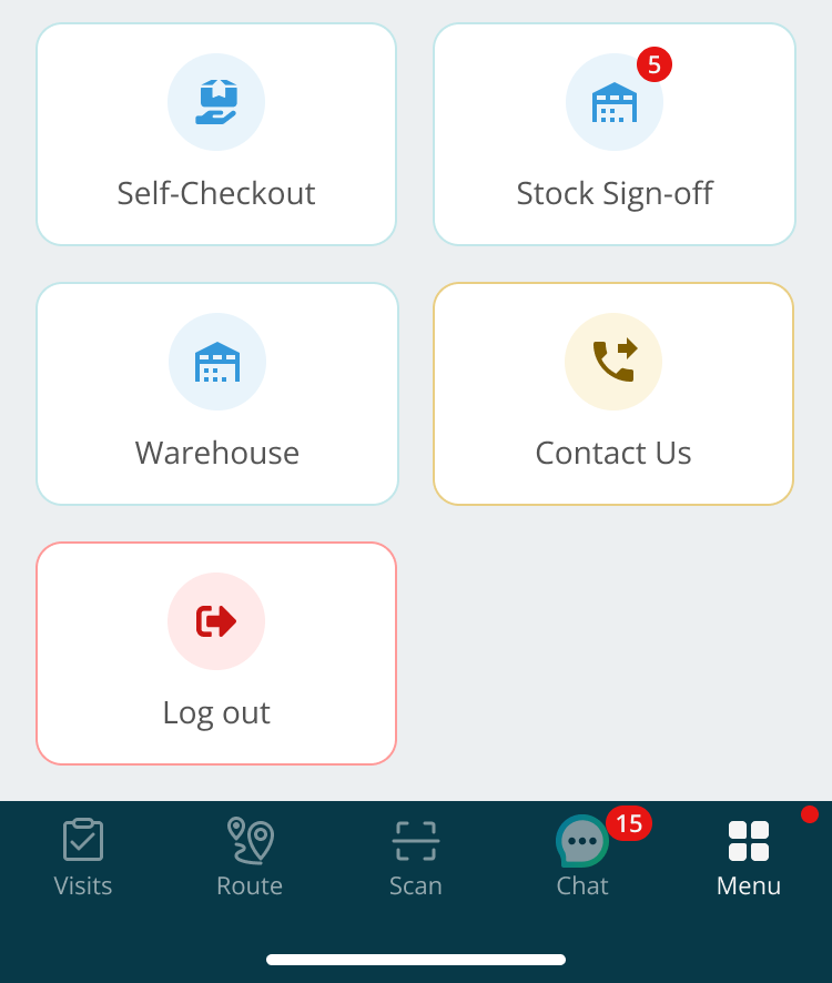 Joblogic Mobile menu showing the Warehouse option