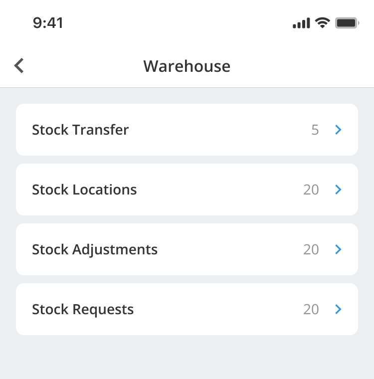 Warehouse screen showing Stock Transfer, Stock Locations, Stock Adjustments and Stock Requests
