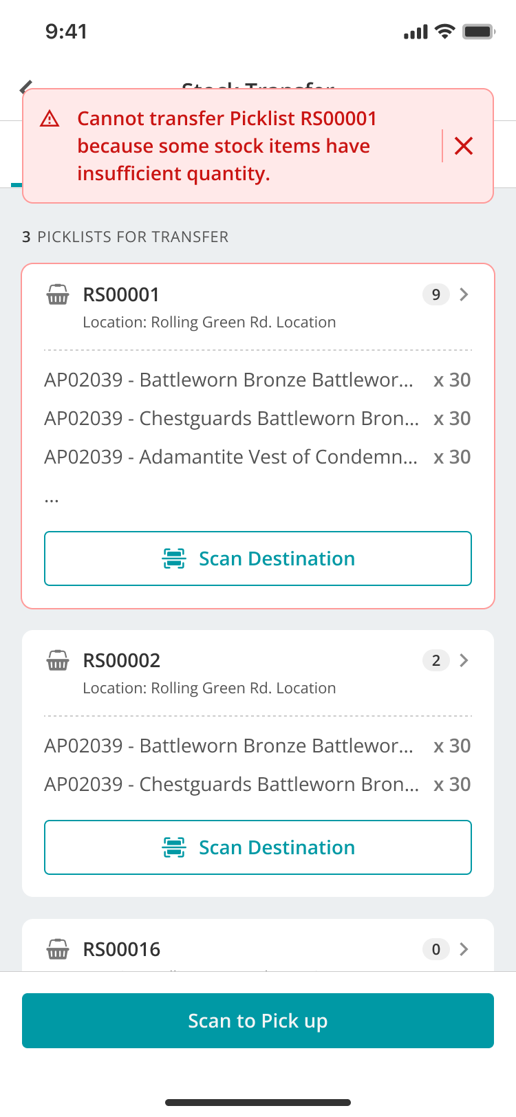 WarehouseFlow Stock Transfer screen showing an insufficient quantity message and highlighted picklist