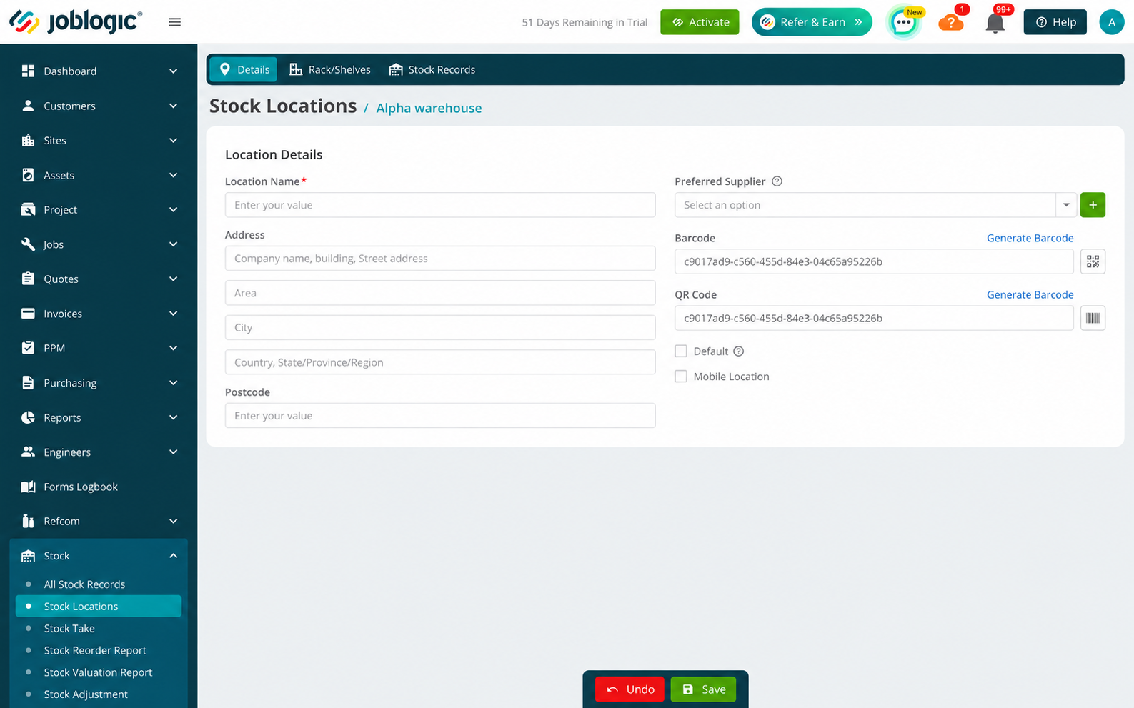 Back Office Stock Location details showing Barcode and QR Code management options