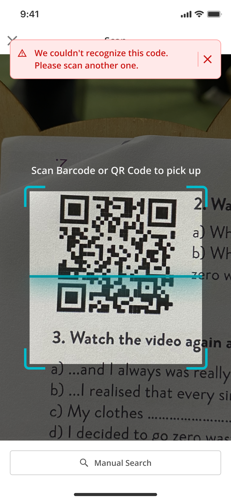 WarehouseFlow scan screen showing an unrecognised code message