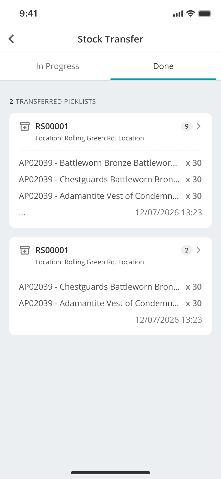 WarehouseFlow Stock Transfer Done tab showing transferred picklists